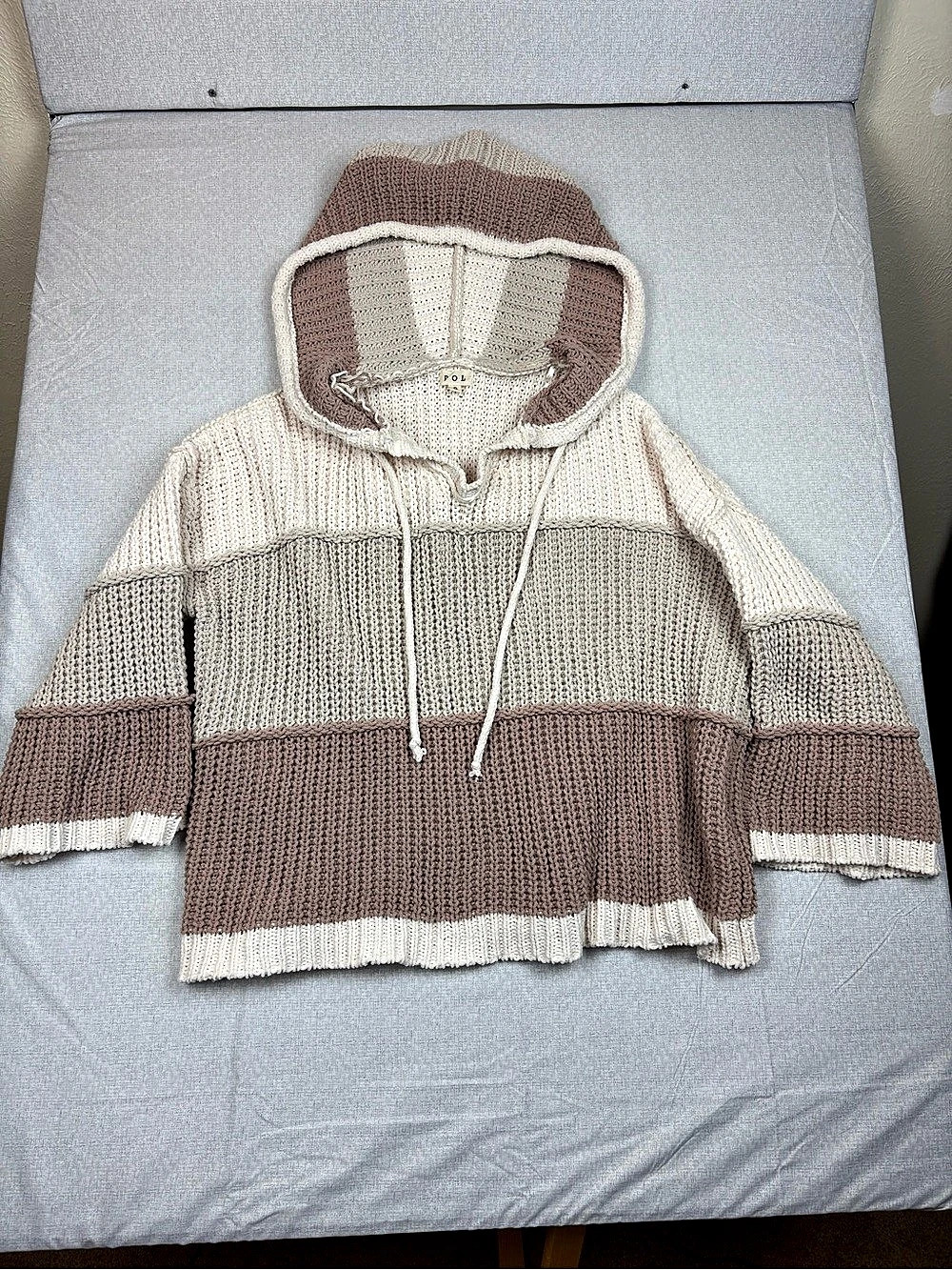 POL Color Block Long Sleeve Hooded Sweater Pink & Cream Small